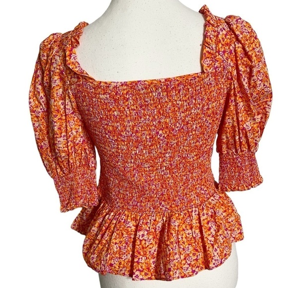CeCe Orange Floral Puffed Sleeve Cropped Top - Picture 2 of 10